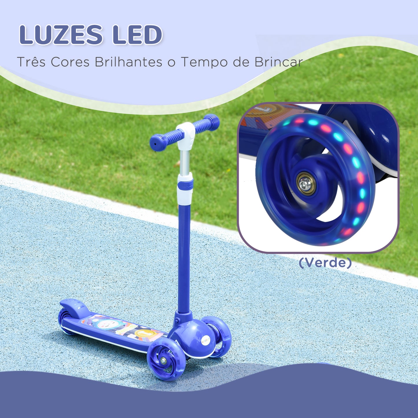 AIYPLAY Trotinete para Crianças de 2-6 Anos Trotinete Infantil Dobrável Trotinete com 3 Rodas LED Altura Ajustável Carga 25 kg 52x29x63-76 cm Azul