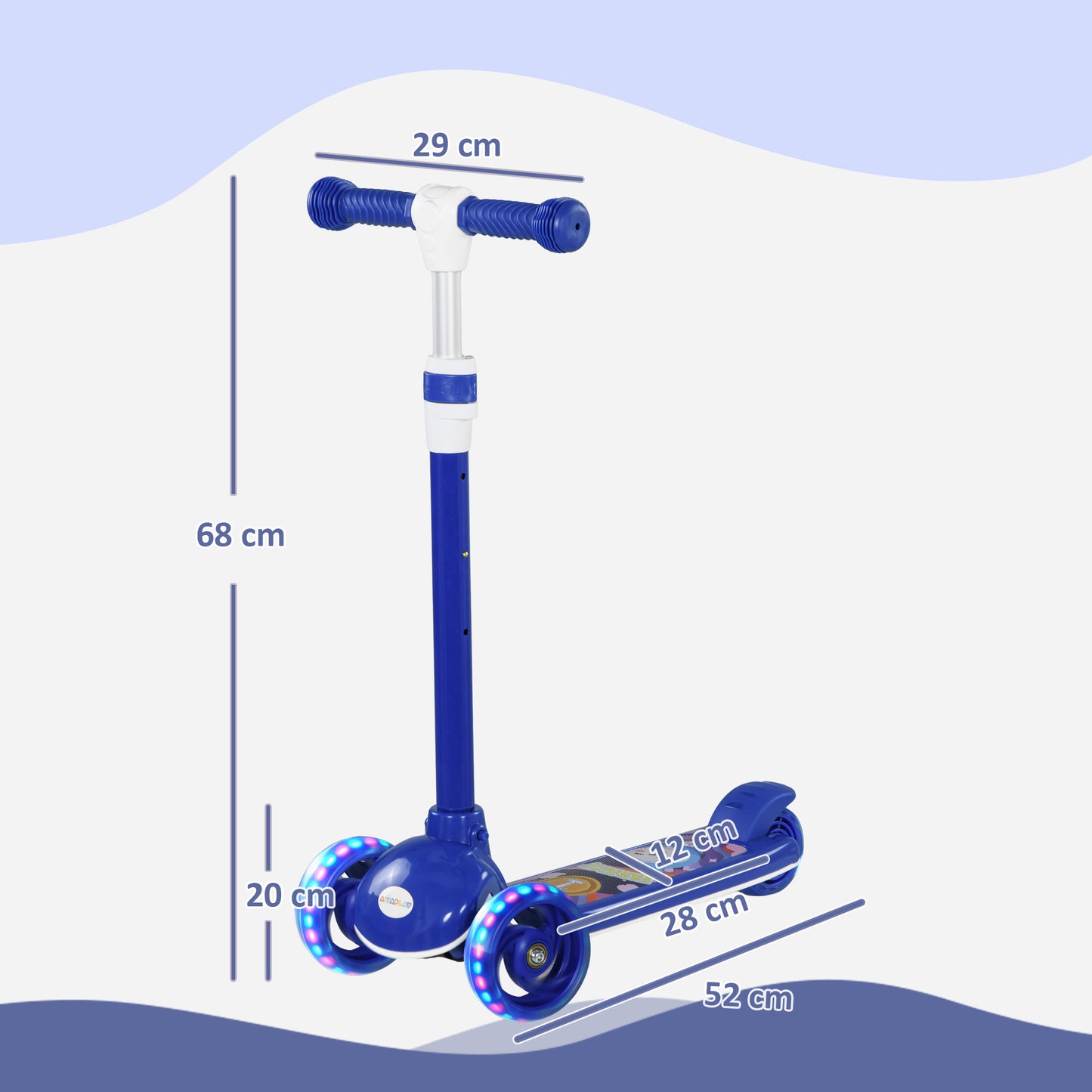 AIYPLAY Trotinete para Crianças de 2-6 Anos Trotinete Infantil Dobrável Trotinete com 3 Rodas LED Altura Ajustável Carga 25 kg 52x29x63-76 cm Azul