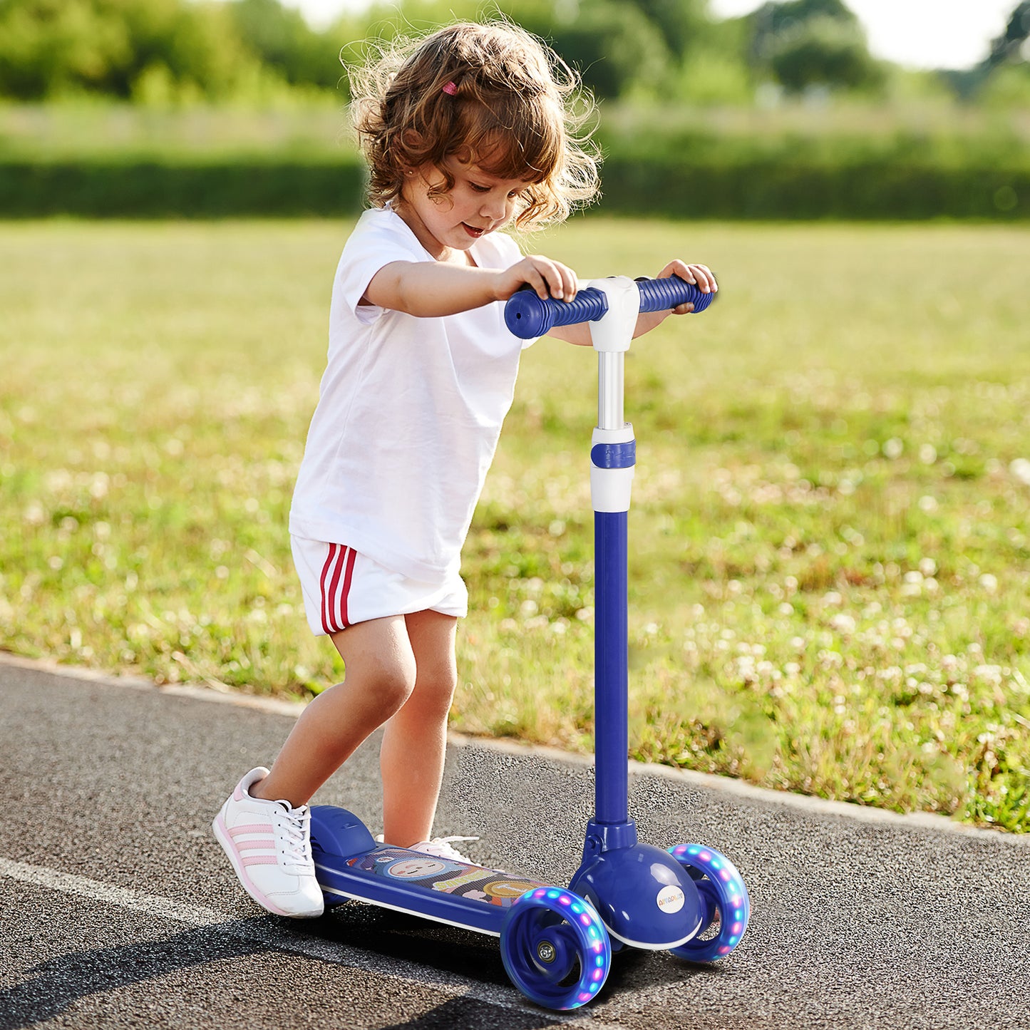 AIYPLAY Trotinete para Crianças de 2-6 Anos Trotinete Infantil Dobrável Trotinete com 3 Rodas LED Altura Ajustável Carga 25 kg 52x29x63-76 cm Azul