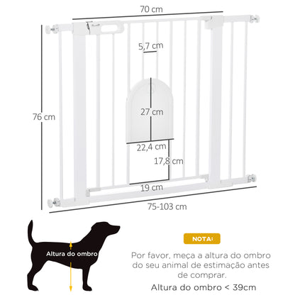 PawHut Barreira de Segurança de Cães Animais de Estimação para Escadas e Portas 75-103cm com 2 Extensões Fechamento Automático e Sistema de Duplo Bloqueio Aço Branco