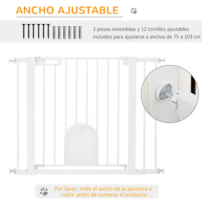 PawHut Barreira de Segurança de Cães Animais de Estimação para Escadas e Portas 75-103cm com 2 Extensões Fechamento Automático e Sistema de Duplo Bloqueio Aço Branco