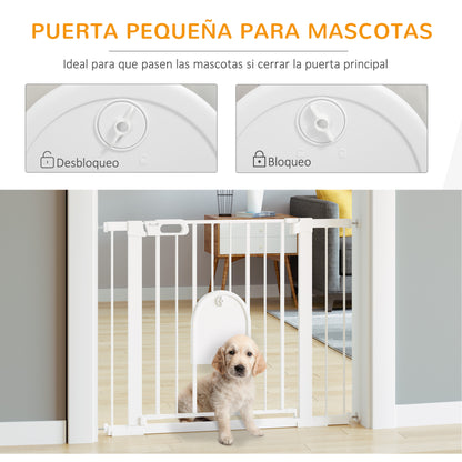 PawHut Barreira de Segurança de Cães Animais de Estimação para Escadas e Portas 75-103cm com 2 Extensões Fechamento Automático e Sistema de Duplo Bloqueio Aço Branco