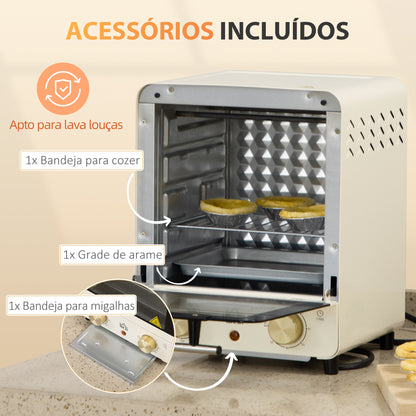 HOMCOM Mini Forno Elétrico 15 Litros 1000W Forno com Temperatura até 230°C Temporizador 60 Minutos Bandeja e Grade 25,5x27,5x32cm Creme