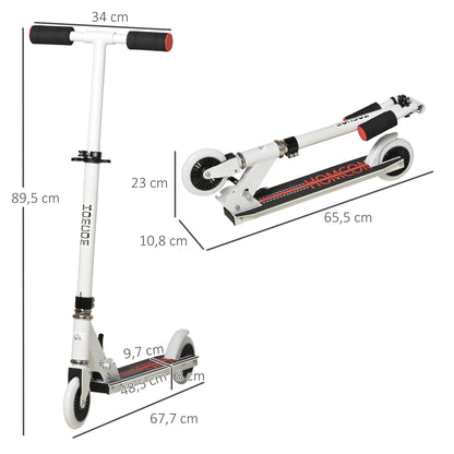 HOMCOM Trotinete para Crianças acima de 3 Anos Dobrável Scooter de 2 Rodas com Guiador Altura Ajustável Freio Posterior e Pedal Antiderrapante Carga 50kg 67,7x34x79,5-89,5cm Branco