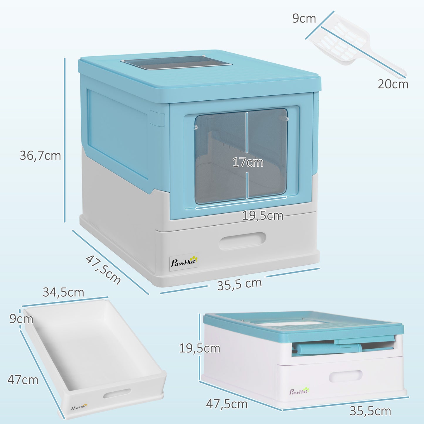 PawHut Caixa de Areia para Gatos Dobrável Caixa de Areia para Gatos Fechada com Cobertura Desmontável Bandeja Removível Teto Rebatível Porta de Entrada e Pá 47,5x35,5x36,7cm Azul