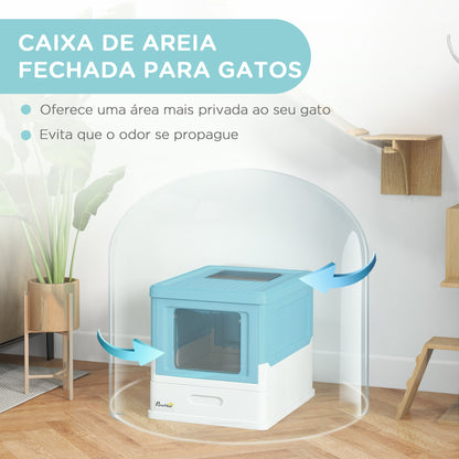 PawHut Caixa de Areia para Gatos Dobrável Caixa de Areia para Gatos Fechada com Cobertura Desmontável Bandeja Removível Teto Rebatível Porta de Entrada e Pá 47,5x35,5x36,7cm Azul