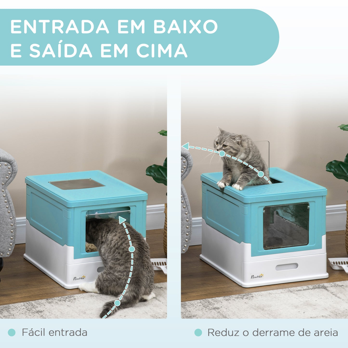 PawHut Caixa de Areia para Gatos Dobrável Caixa de Areia para Gatos Fechada com Cobertura Desmontável Bandeja Removível Teto Rebatível Porta de Entrada e Pá 47,5x35,5x36,7cm Azul