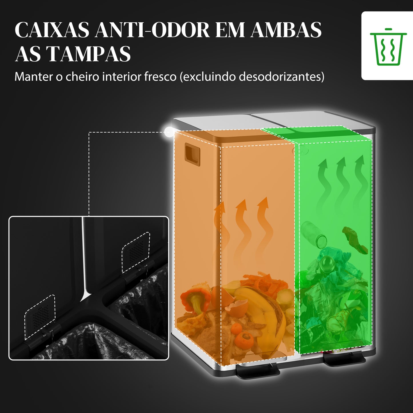 HOMCOM Balde de Lixo de Cozinha com 2 Compartimentos 2x20L Cubo de Lixo de Aço Inoxidável com Pedal Tampa de Fechamento Suave e Cubo Amovível para Escritório Cozinha Prata