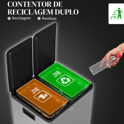 HOMCOM Balde de Lixo de Cozinha com 2 Compartimentos 2x20L Cubo de Lixo de Aço Inoxidável com Pedal Tampa de Fechamento Suave e Cubo Amovível para Escritório Cozinha Prata