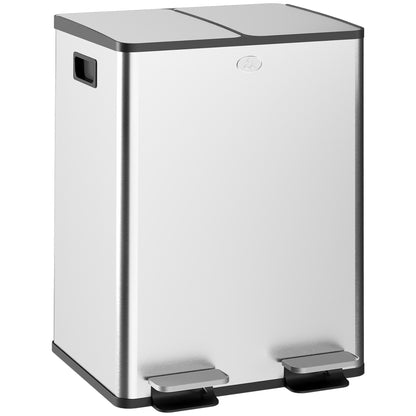 HOMCOM Balde de Lixo de Cozinha com 2 Compartimentos 2x20L Cubo de Lixo de Aço Inoxidável com Pedal Tampa de Fechamento Suave e Cubo Amovível para Escritório Cozinha Prata