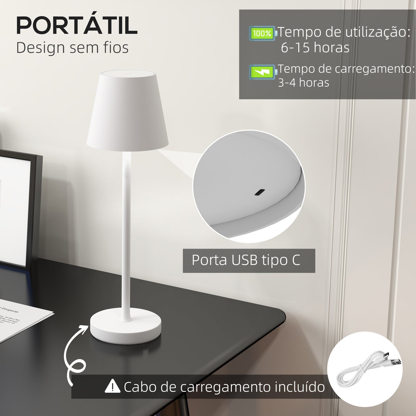 HOMCOM Candeeiro de Mesa com Luzes LED Candeeiro de Mesa Sem Fios Recarregável por USB-C 3 Cores Ecrã de Acrílico para Quarto Sala Ø11,2x36,5 cm Branco