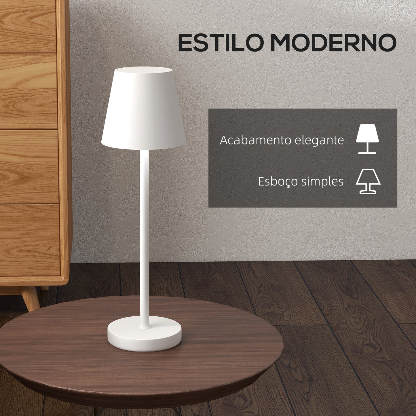 HOMCOM Candeeiro de Mesa com Luzes LED Candeeiro de Mesa Sem Fios Recarregável por USB-C 3 Cores Ecrã de Acrílico para Quarto Sala Ø11,2x36,5 cm Branco