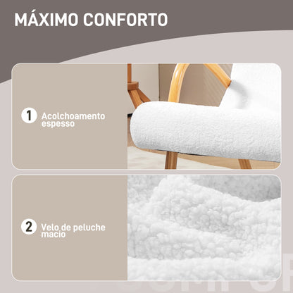 HOMCOM Poltrona Baloiço Moderna Poltrona Sala de Estar Estofada em Lã com Apoio para os Braços e Pés de Madeira Carga 120 kg Poltrona Relax para Sala de Estar Dormitório 60x93x86 cm Branco e Madeira