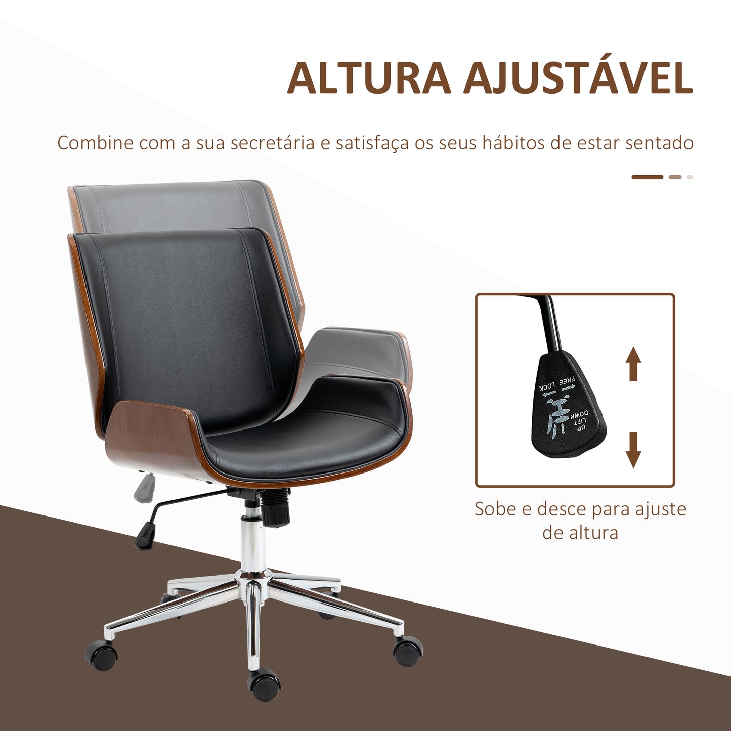 Vinsetto Cadeira de Escritório Operativa Giratória de PU com Altura Ajustável Função Inclinação e Rodas para Sala de Estar Dormitório Estúdio Carga Máxima 120kg 51x65,5x82-92cm Preto