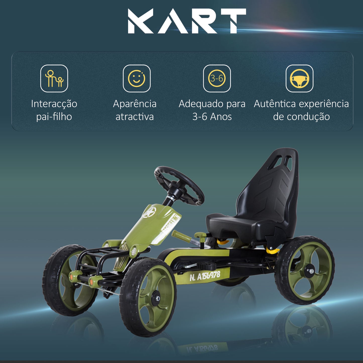 HOMCOM Go-Kart a pedais para crianças acima de 3 anos com freio embreagem assento ajustável máx. 35 kg 105x54x61cm Verde