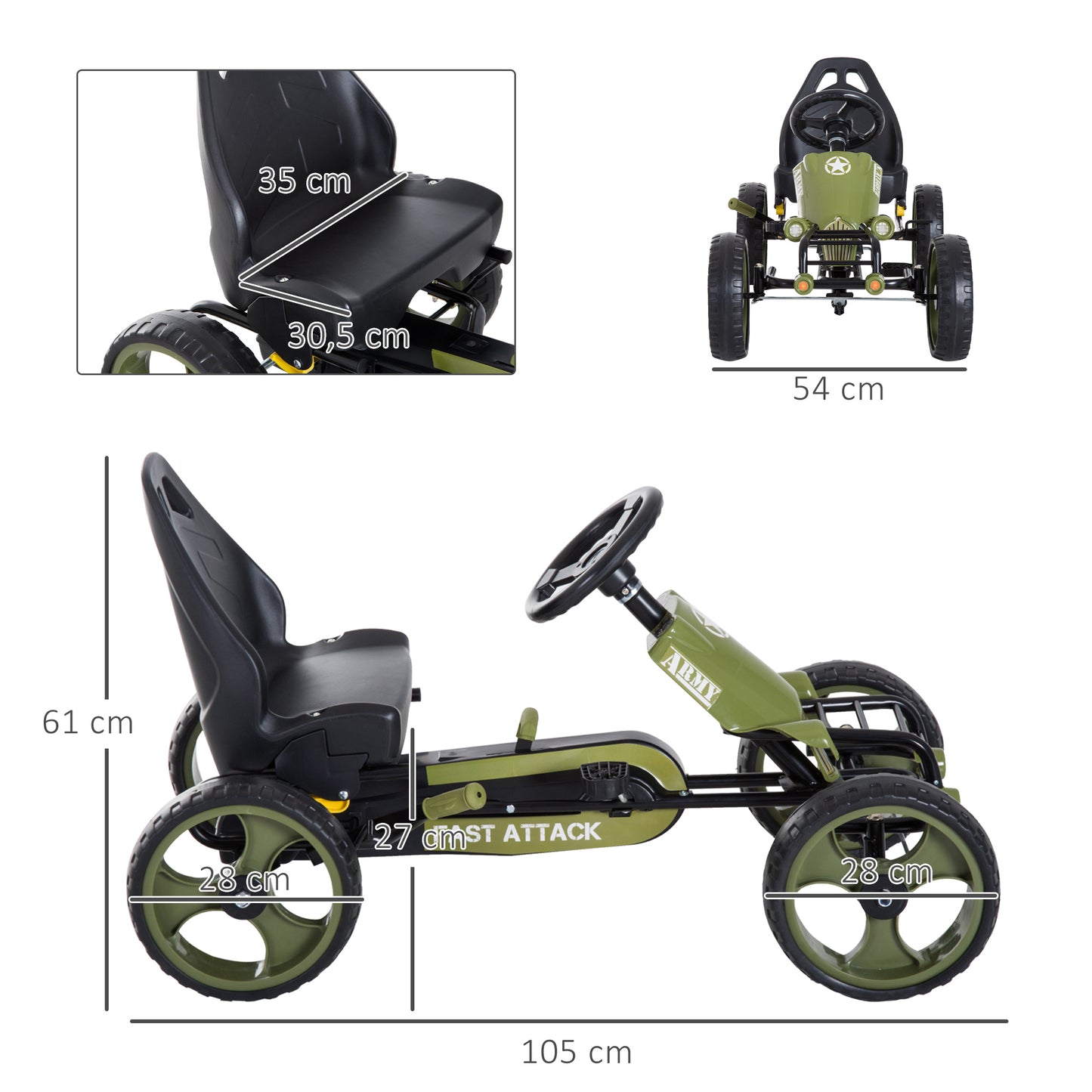 HOMCOM Go-Kart a pedais para crianças acima de 3 anos com freio embreagem assento ajustável máx. 35 kg 105x54x61cm Verde