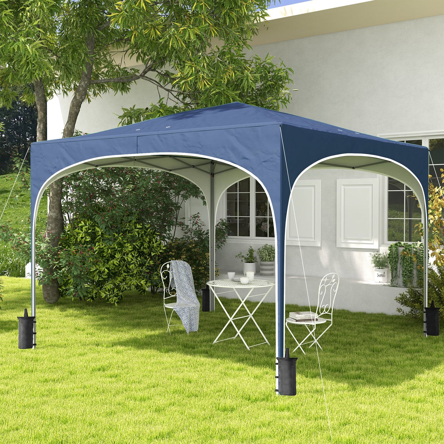 Outsunny Tenda Dobrável 3x3 m Tenda de Jardim com Altura Ajustável Bolsa de Transporte Tecido Anti-UV e Sacos de Areia para Exterior Jardim Azul Escuro