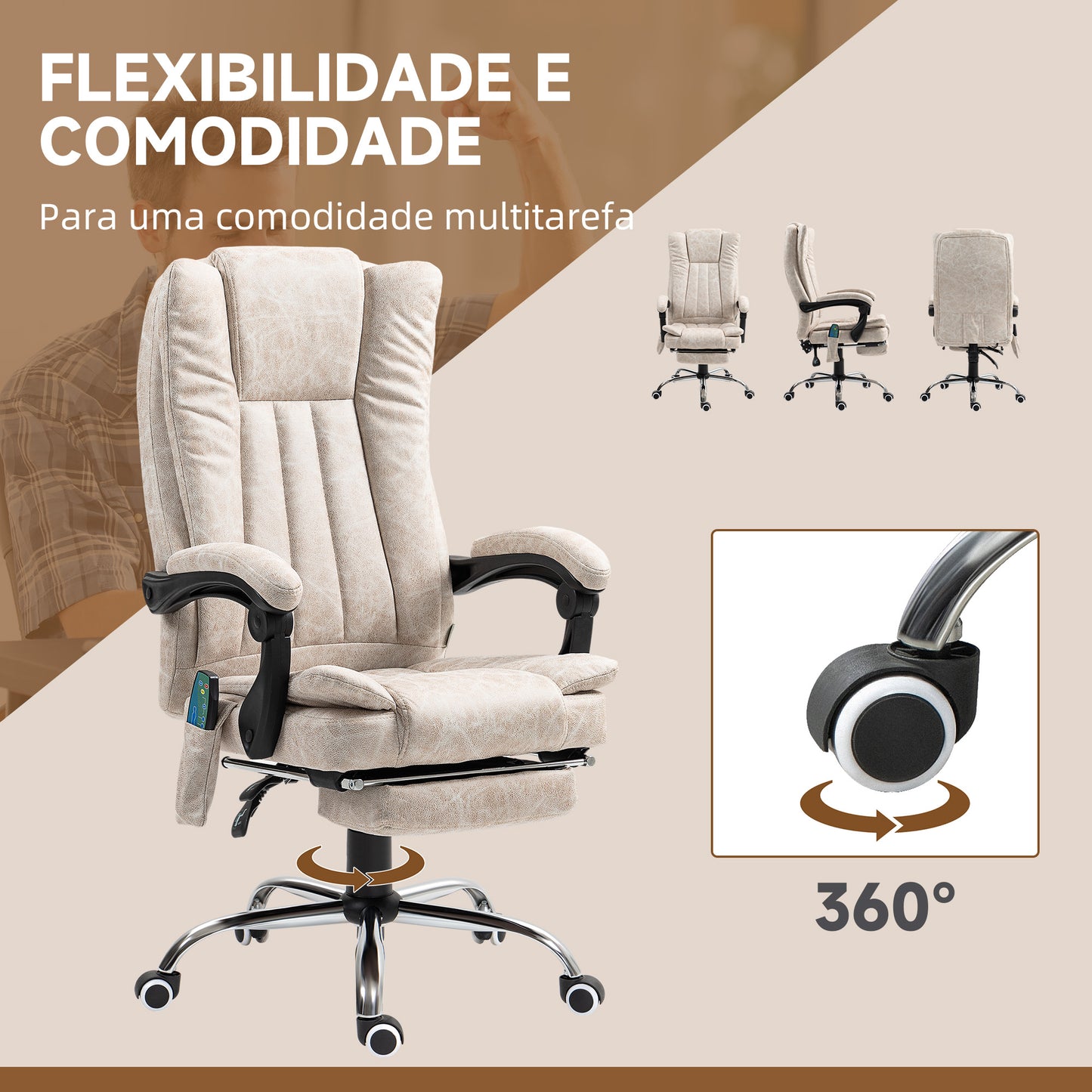 Vinsetto Cadeira de Massagem com 6 Pontos de Massagem Cadeira giratória de Escritório Reclinável com Altura Ajustável Função de Aquecimento Apoio para os Pés Retrátil e Comando à Distância Creme