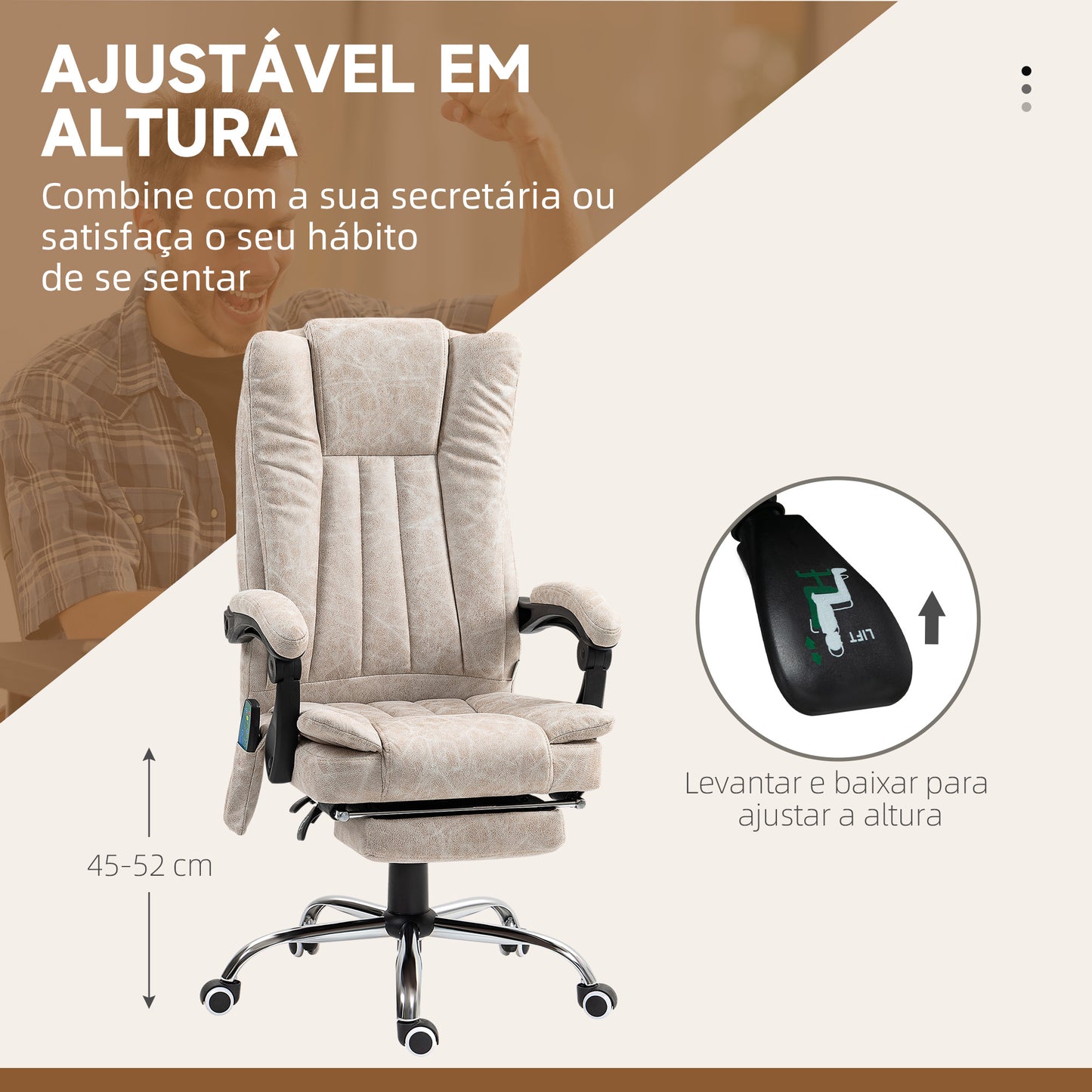 Vinsetto Cadeira de Massagem com 6 Pontos de Massagem Cadeira giratória de Escritório Reclinável com Altura Ajustável Função de Aquecimento Apoio para os Pés Retrátil e Comando à Distância Creme