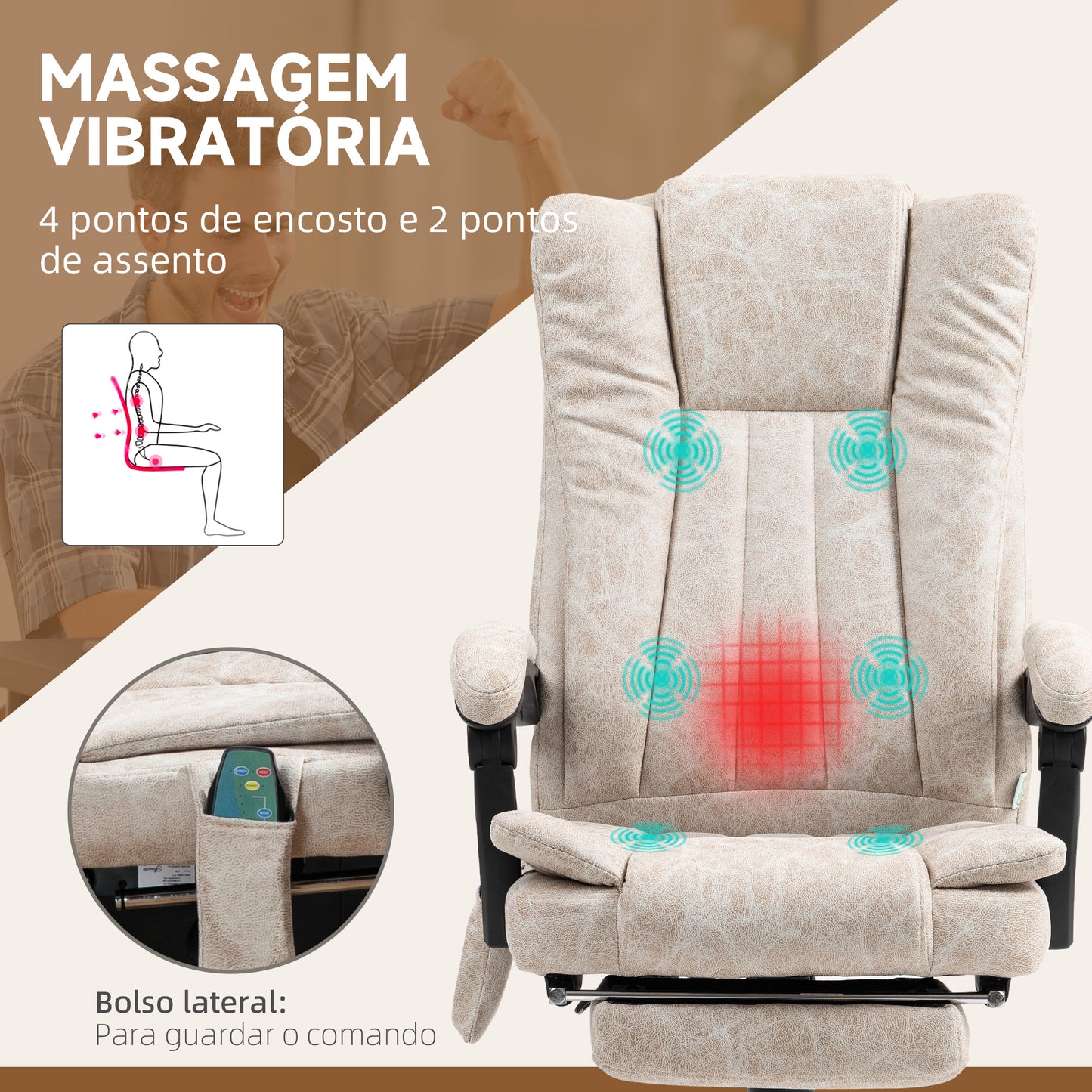 Vinsetto Cadeira de Massagem com 6 Pontos de Massagem Cadeira giratória de Escritório Reclinável com Altura Ajustável Função de Aquecimento Apoio para os Pés Retrátil e Comando à Distância Creme