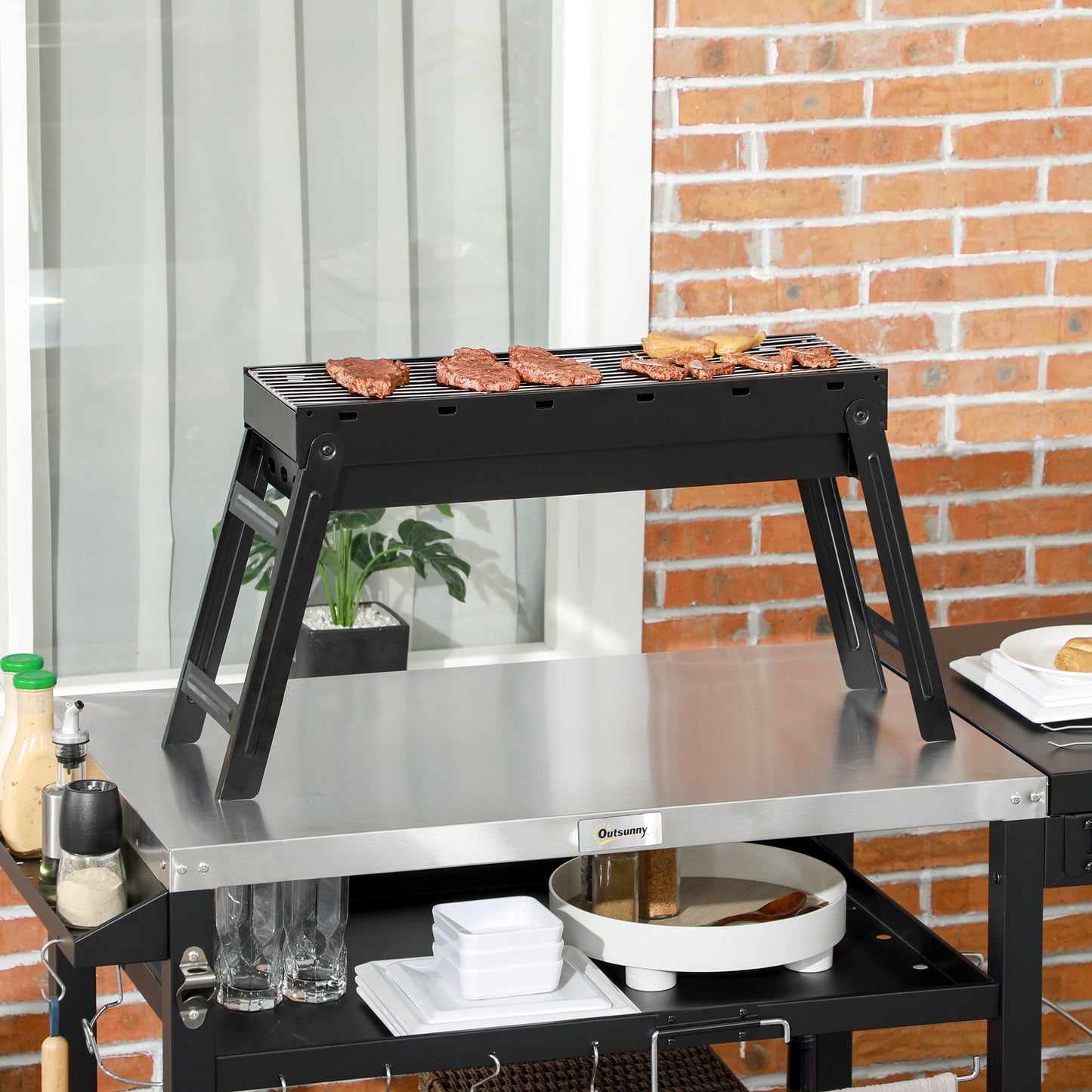 Outsunny Barbecue a Carvão Dobrável Barbecue Portátil com Grelhas de Aço Inoxidável Barbecue de Carvão para Exterior Campismo Jardim 74x20x38 cm Preto