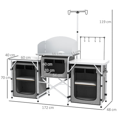 Outsunny Móvel de Cozinha para Campismo Armário para Campismo Dobrável com 3 Tampos 3 Armários Suporte de Luz 4 Ganchos e Bolsa de Transporte para Campismo Piquenique 172x48x119 cm Cinza