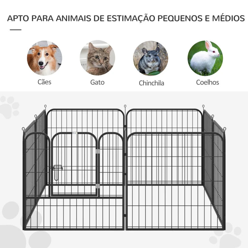 Parque para animais de estimação com 8 Varas Dobrável com Porta e Dupla Trava 79x79cm Preto