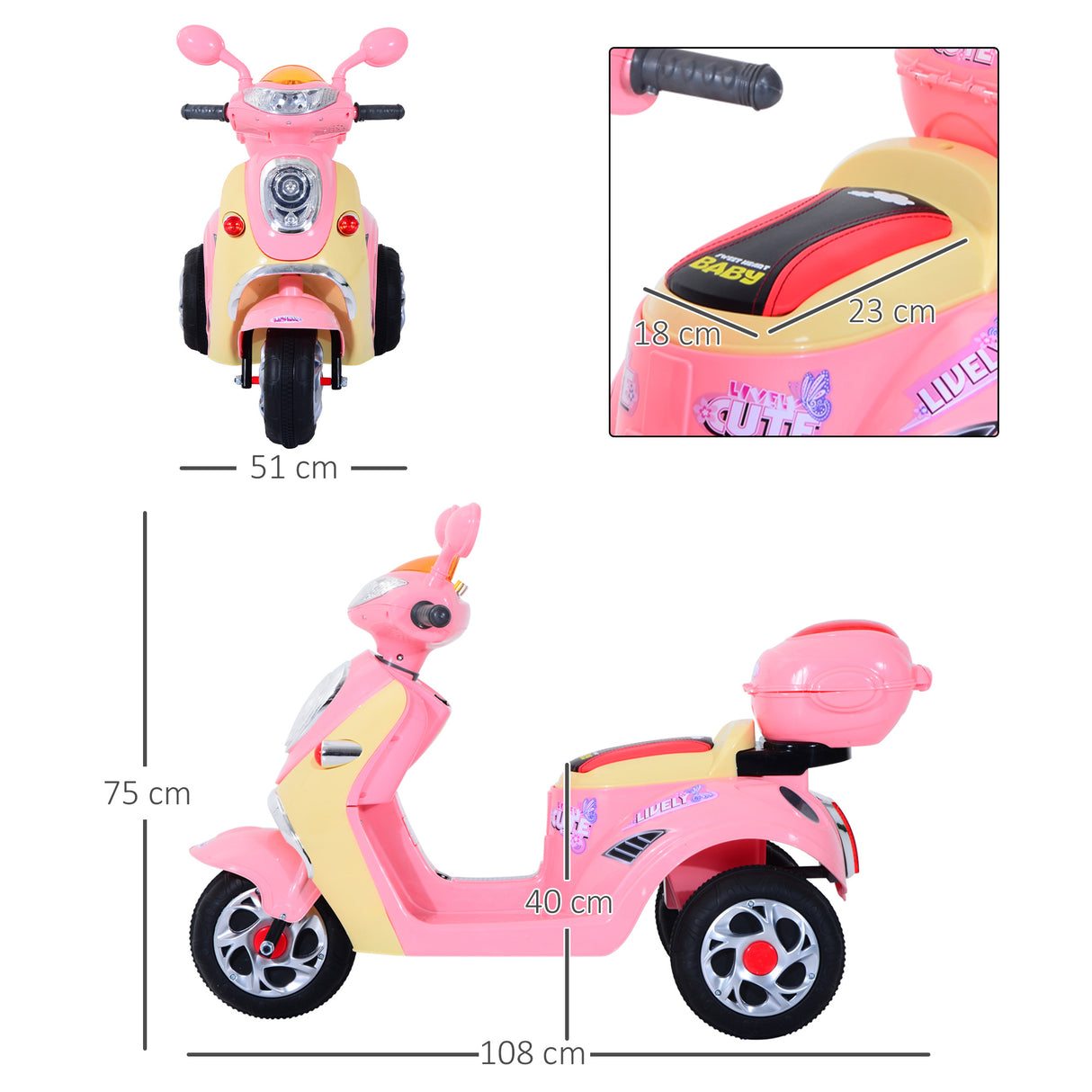 HomCom® Carro de triciclo Moto elétrica infantil com Bateria para crianças com mais de 3 anos 108x51x75cm Rosa