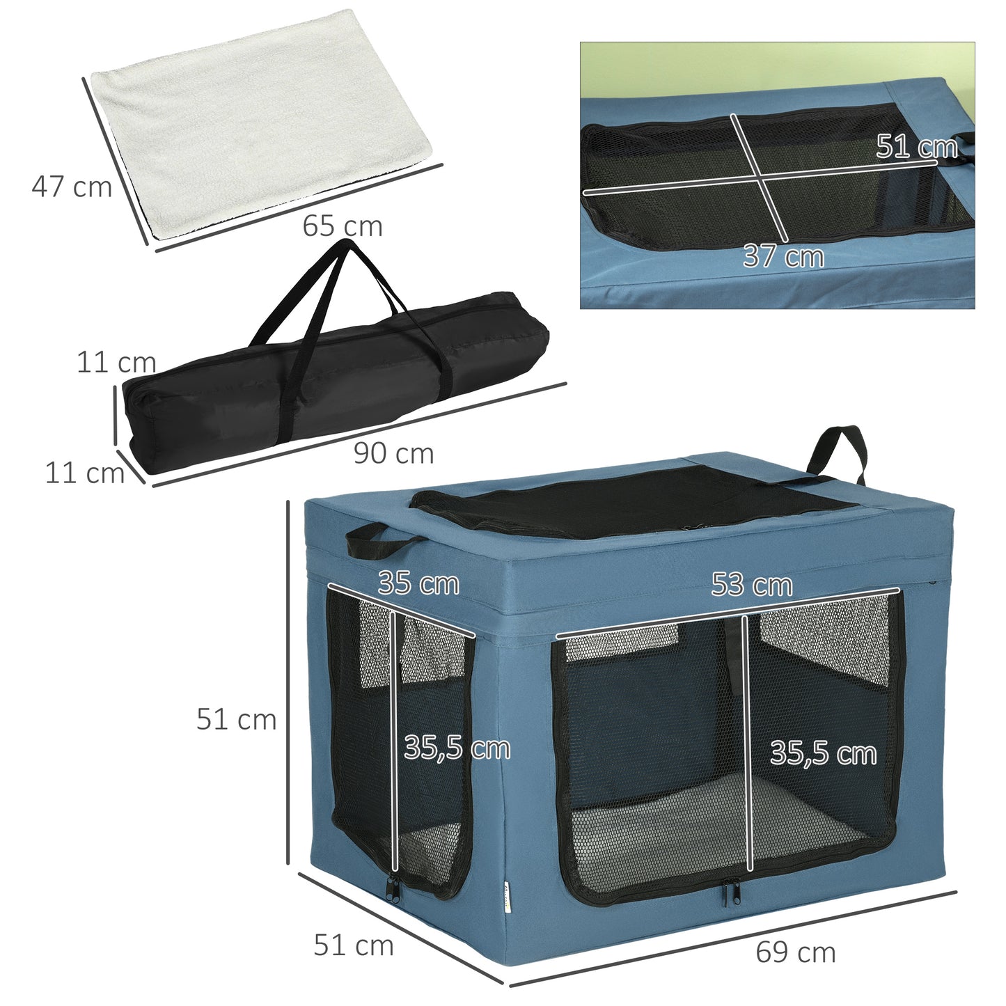 PawHut Transportadora para Cães e Gatos Bolsa Portátil e Dobrável para Animais de Estimação Transportadora com 3 Portas e Almofada Suave 69x51x51cm Azul