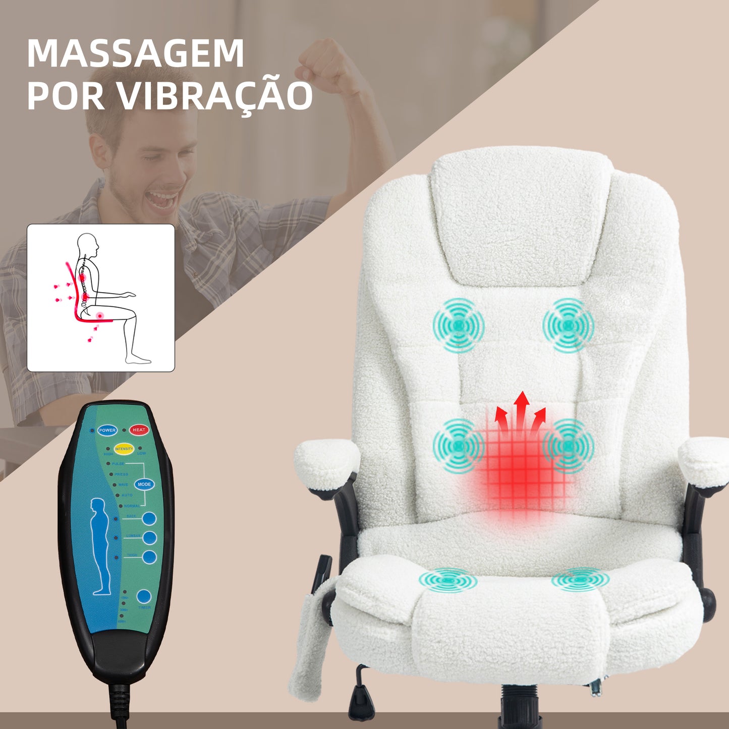 Vinsetto Cadeira de Massagem com 6 Pontos de Massagem Cadeira de Escritório Reclinável até 130° com Função de Aquecimento Altura Ajustável e Rodas para Estúdio 67x74x107-116 cm Branco