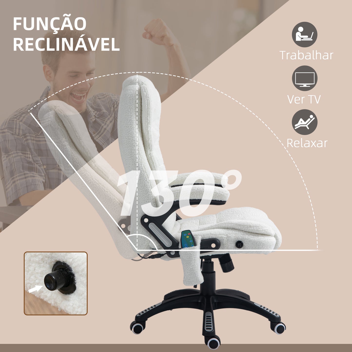 Vinsetto Cadeira de Massagem com 6 Pontos de Massagem Cadeira de Escritório Reclinável até 130° com Função de Aquecimento Altura Ajustável e Rodas para Estúdio 67x74x107-116 cm Branco