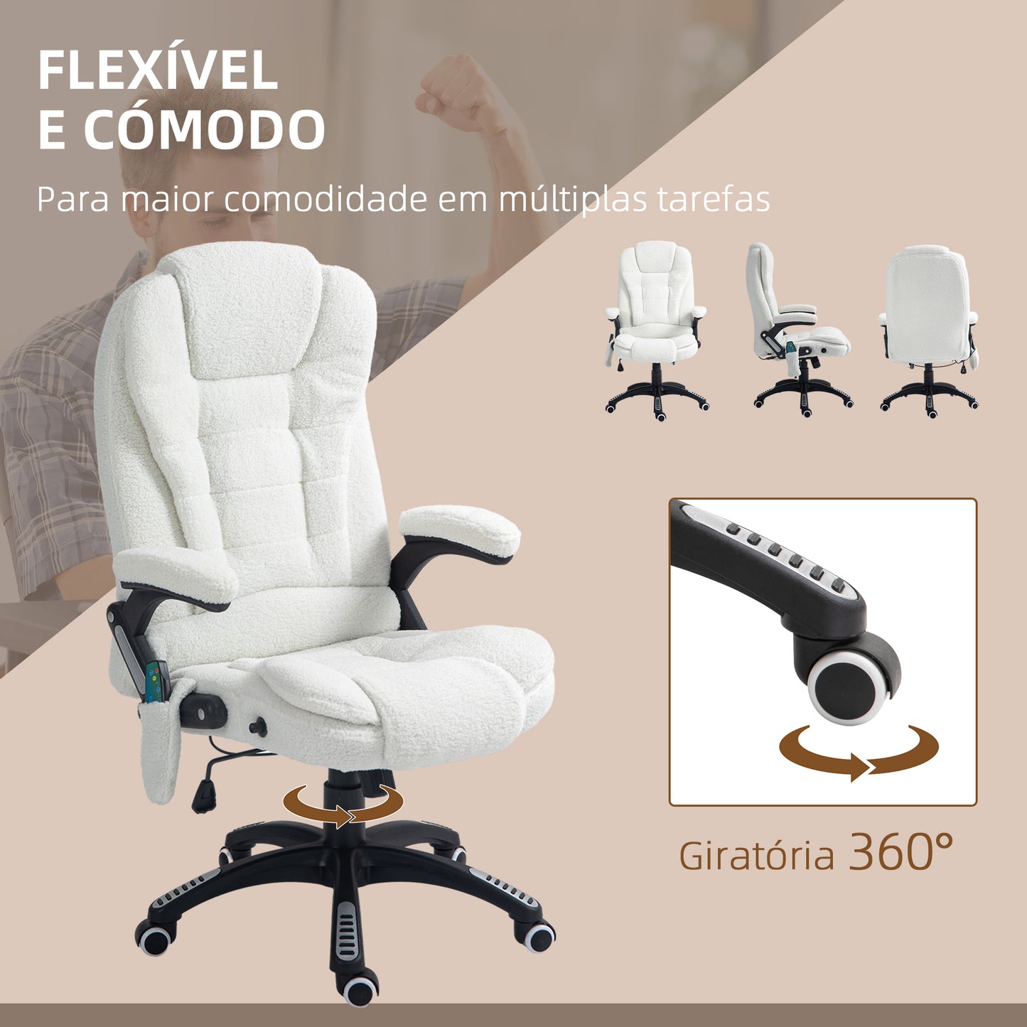 Vinsetto Cadeira de Massagem com 6 Pontos de Massagem Cadeira de Escritório Reclinável até 130° com Função de Aquecimento Altura Ajustável e Rodas para Estúdio 67x74x107-116 cm Branco