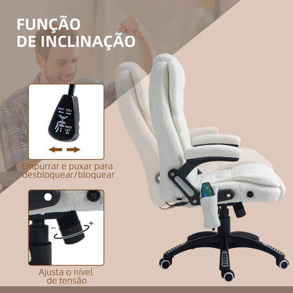 Vinsetto Cadeira de Massagem com 6 Pontos de Massagem Cadeira de Escritório Reclinável até 130° com Função de Aquecimento Altura Ajustável e Rodas para Estúdio 67x74x107-116 cm Branco