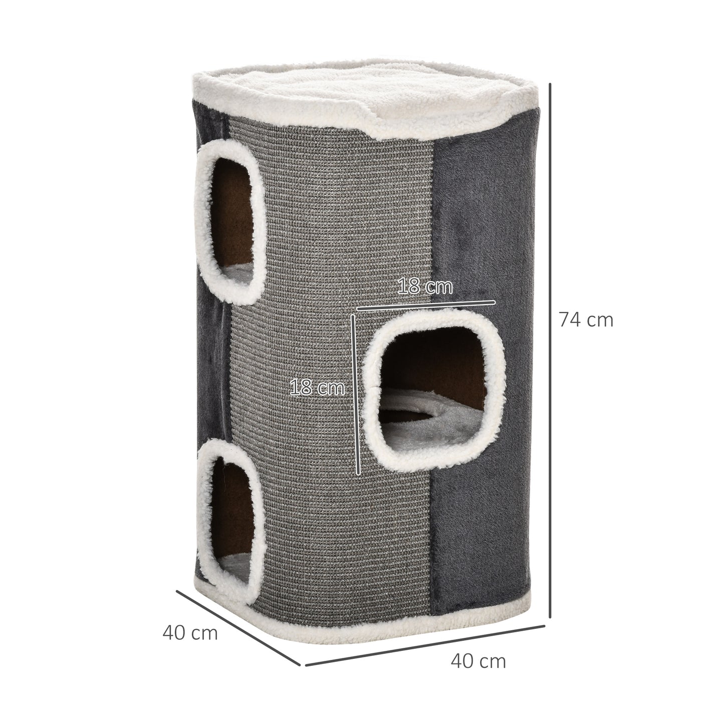 PawHut Arranhador em Forma de Cilindro para Gatos 74cm de Altura Torre de Escalar com 3 Cavernas de Sisal e Pelúcia Plataforma de Velo 40x40x74cm Cinza