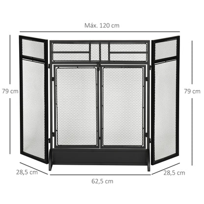 Frente de Lareira Dobrável Frente para Lareira com 3 Painéis com Porta Dupla e Pés Adicionais Estrutura de Metal 120x11,5x79cm Preto