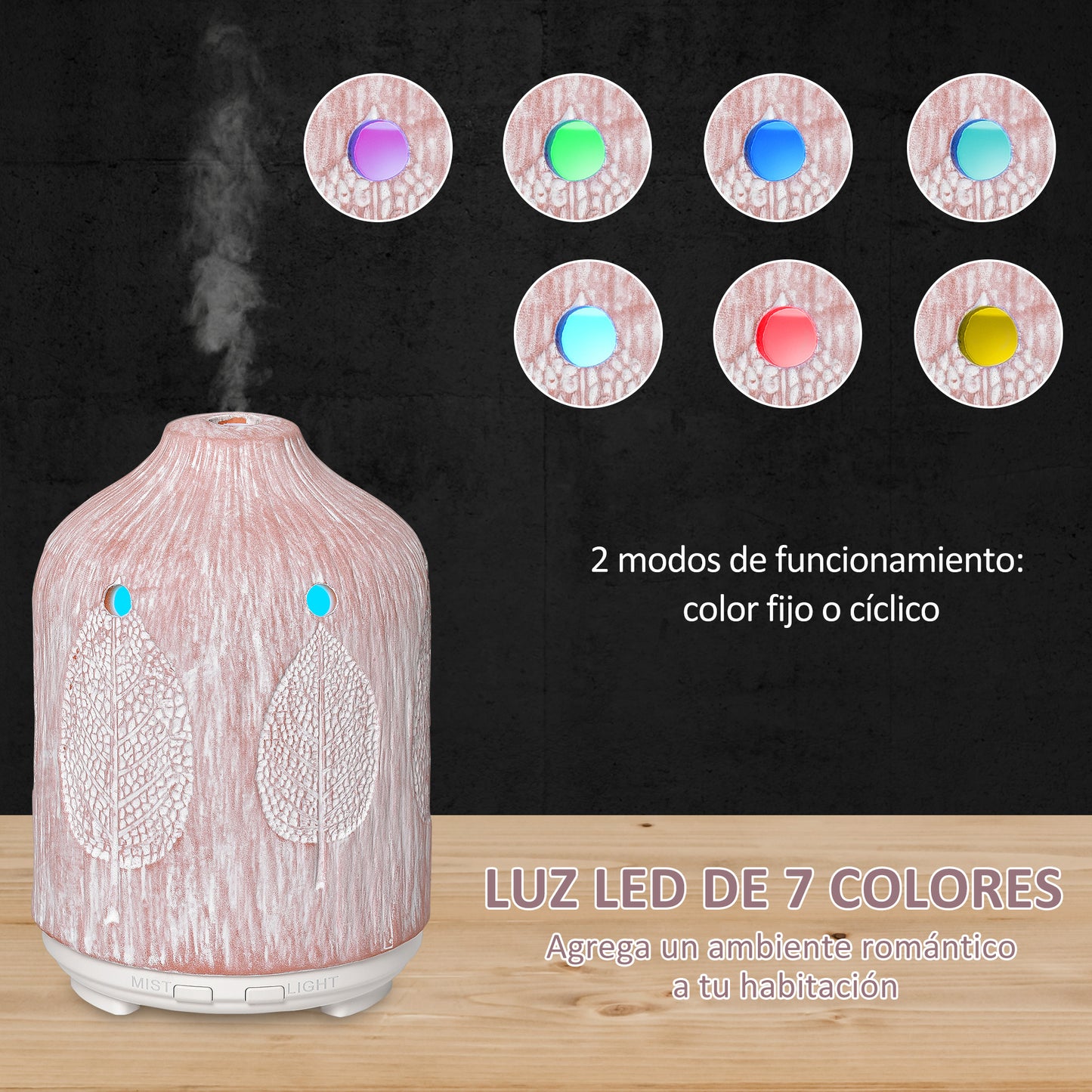 HOMCOM Difusor de Aromas 100ml Humidificador Aromaterapia com 7 Cores LED 2 Modos de Vaporização e Desligado Automático Ultra Silencioso Ø9,8x14,5cm Rosa