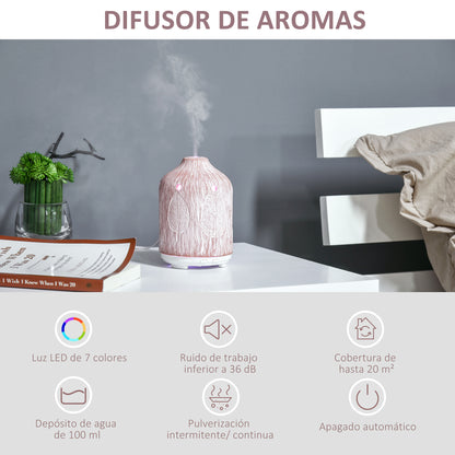 HOMCOM Difusor de Aromas 100ml Humidificador Aromaterapia com 7 Cores LED 2 Modos de Vaporização e Desligado Automático Ultra Silencioso Ø9,8x14,5cm Rosa