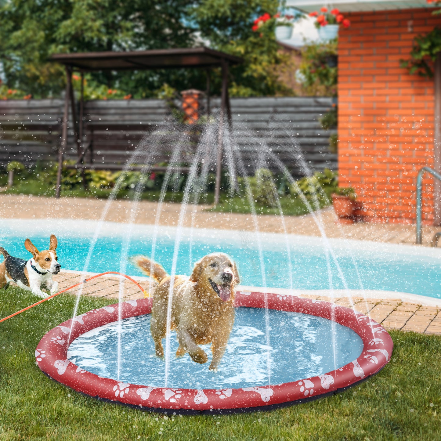 PawHut Splash Pad Tapete Aquático com Pulverizador Ø170 cm Tapete Anti-Respingos Piscina Portátil para Cães Vermelho