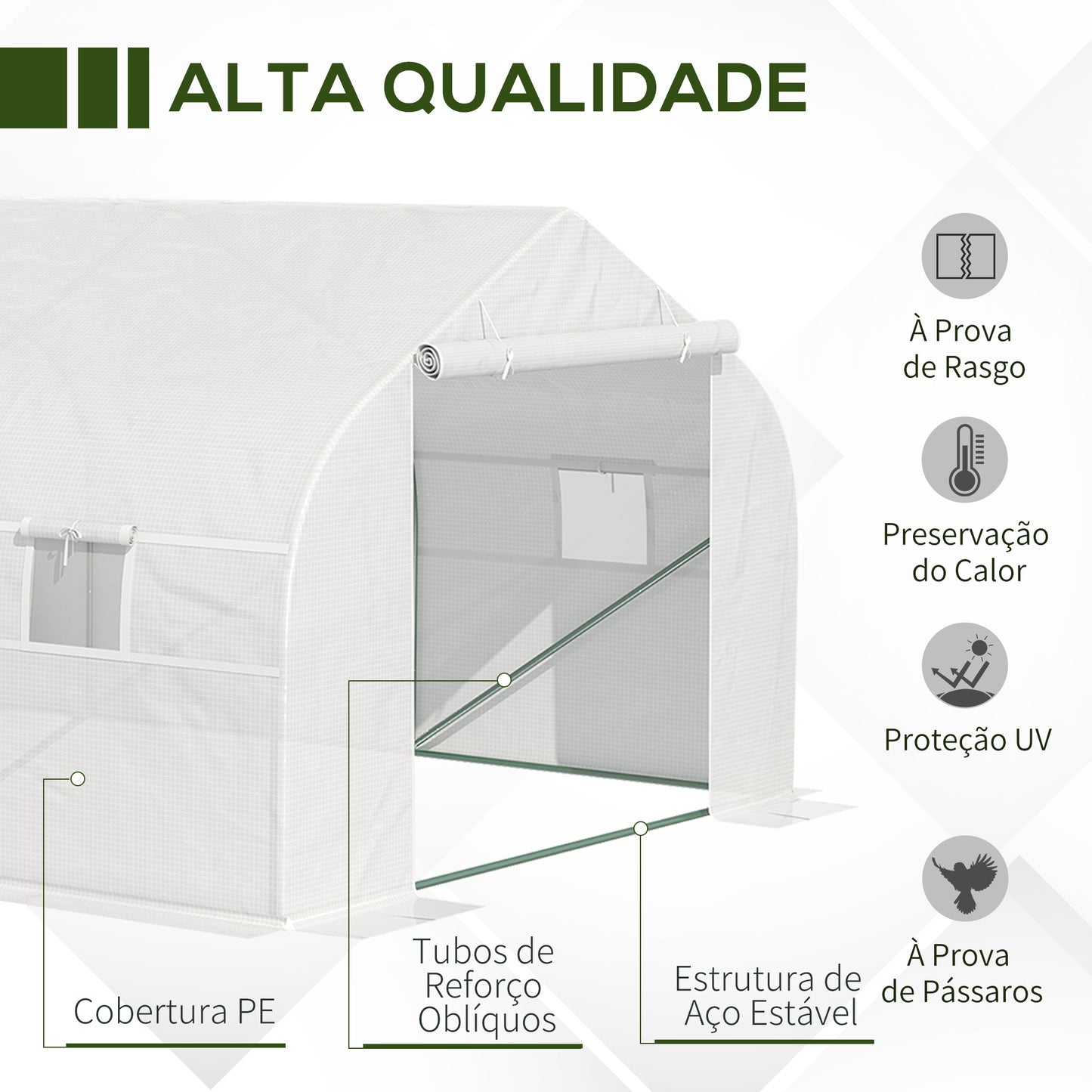 Outsunny Estufa Tipo Túnel de Jardim 600x300x200cm para Cultivo de Plantas Verduras com 8 Janelas e Porta Enroláveis com Zíper Aço Branco