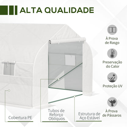 Outsunny Estufa Tipo Túnel de Jardim 600x300x200cm para Cultivo de Plantas Verduras com 8 Janelas e Porta Enroláveis com Zíper Aço Branco