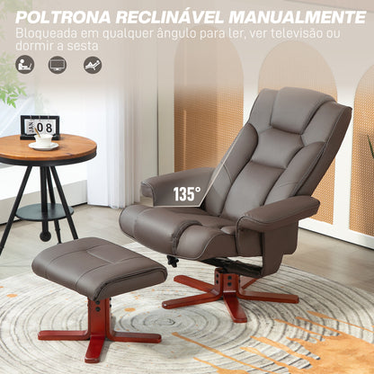 HOMCOM Poltrona Reclinável com Apoio para os Pés Poltrona de Sala de Estar Estofada em PU e Estrutura de Madeira Carga 150 kg Poltrona para Dormitório 83x78x105 cm Marrom