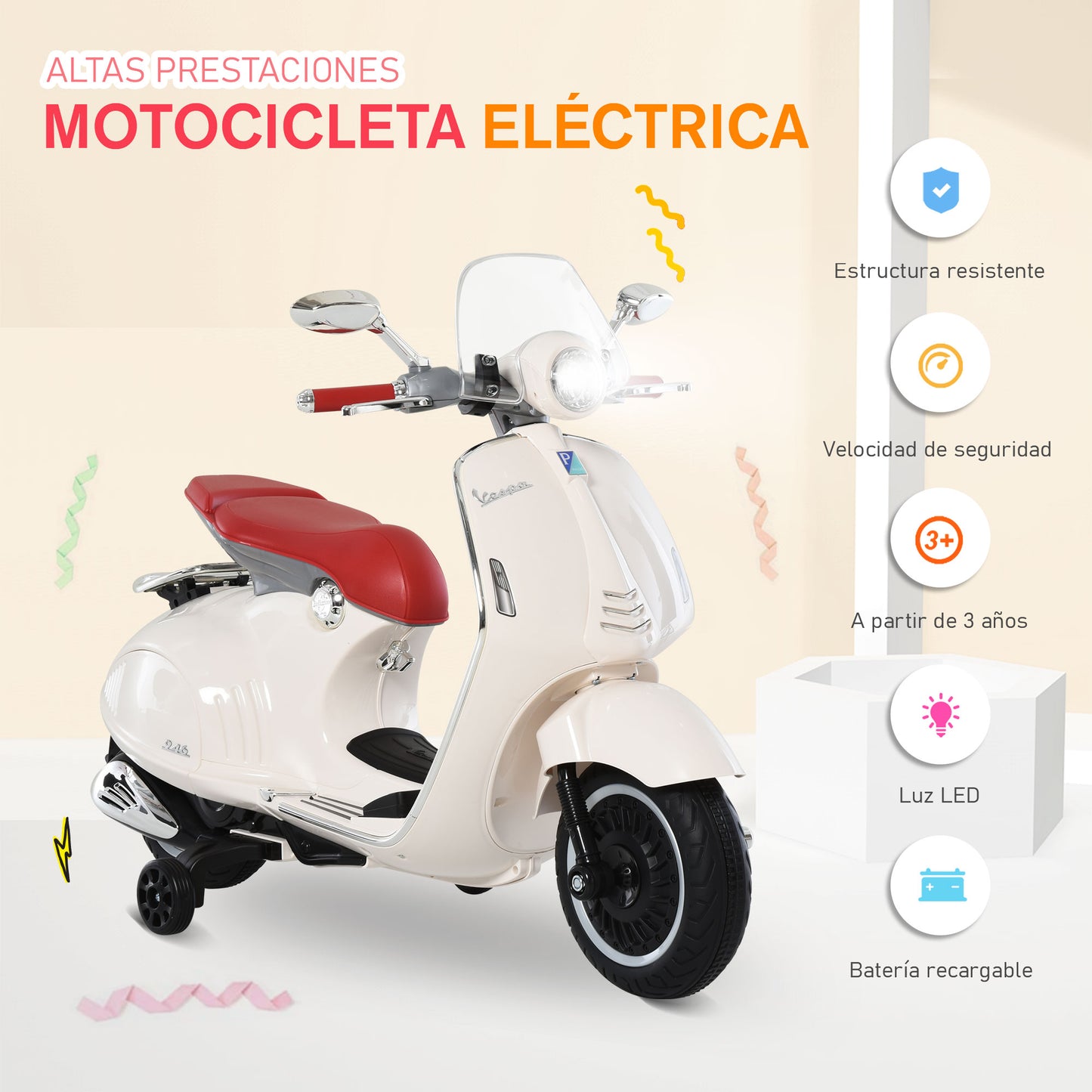 HOMCOM Mota Elétrica Vespa com Faróis Música 2 Rodas Auxiliares para Crianças acima de 3 Anos Mota Elétrica Infantil 108x49x75 cm Branco