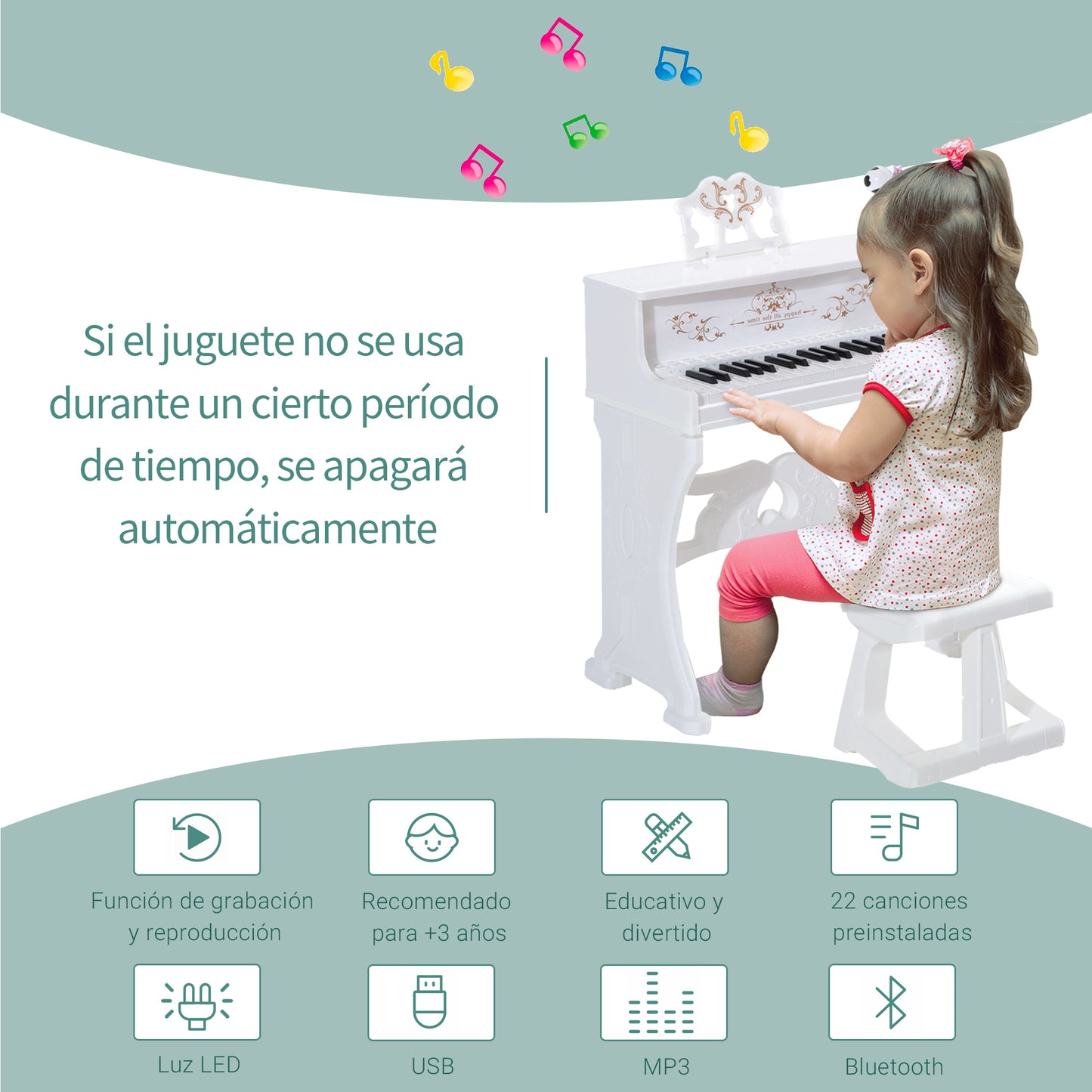 Piano Elétrico Infantil de 37 Teclas Conjunto de Piano com Microfone Banco Luzes e 22 Canções USB/MP3/Bluetooth Karaokê 53,5x27x63cm Branco