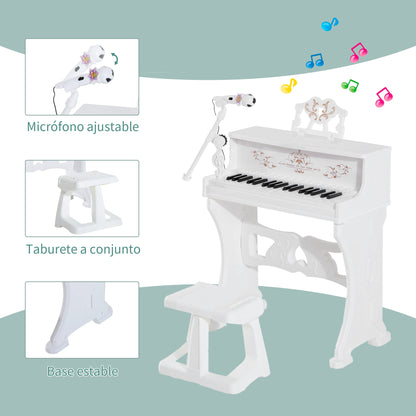 Piano Elétrico Infantil de 37 Teclas Conjunto de Piano com Microfone Banco Luzes e 22 Canções USB/MP3/Bluetooth Karaokê 53,5x27x63cm Branco