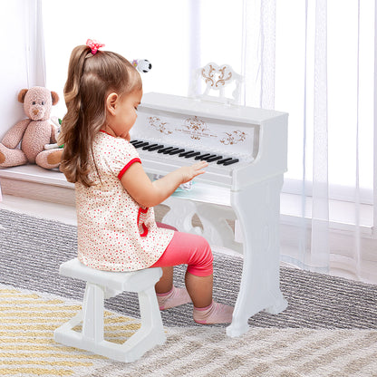 Piano Elétrico Infantil de 37 Teclas Conjunto de Piano com Microfone Banco Luzes e 22 Canções USB/MP3/Bluetooth Karaokê 53,5x27x63cm Branco