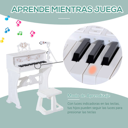 Piano Elétrico Infantil de 37 Teclas Conjunto de Piano com Microfone Banco Luzes e 22 Canções USB/MP3/Bluetooth Karaokê 53,5x27x63cm Branco