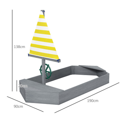 Outsunny Caixa de Areia para Crianças de Madeira Caixa de Areia Infantil com Bandeira e Leme em Forma de Veleiro para Pátio Jardim 190x90x138 cm Cinza Escuro