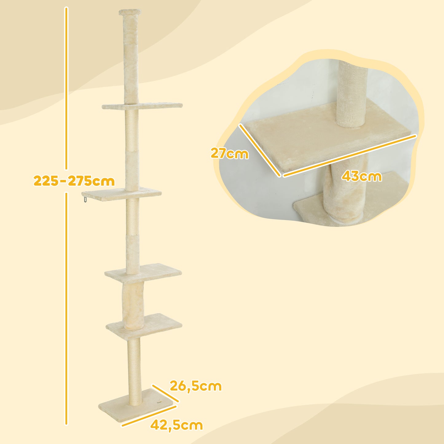 PawHut Arranhador para Gatos do Chão ao Teto 225-275 cm Arranhador para Gatos Torre para Gatos com Múltiplas Plataformas Sistema Anti-Tombo Creme