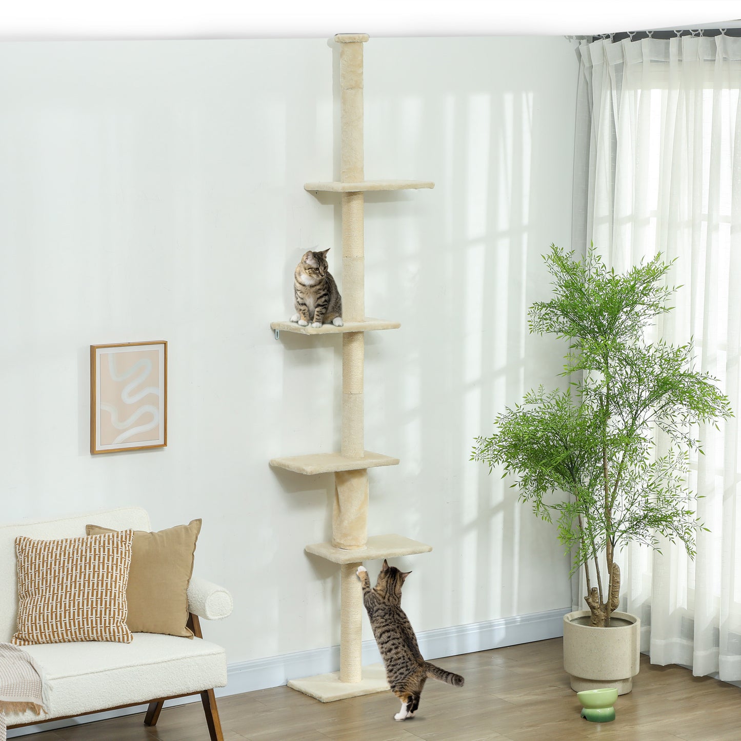 PawHut Arranhador para Gatos do Chão ao Teto 225-275 cm Arranhador para Gatos Torre para Gatos com Múltiplas Plataformas Sistema Anti-Tombo Creme