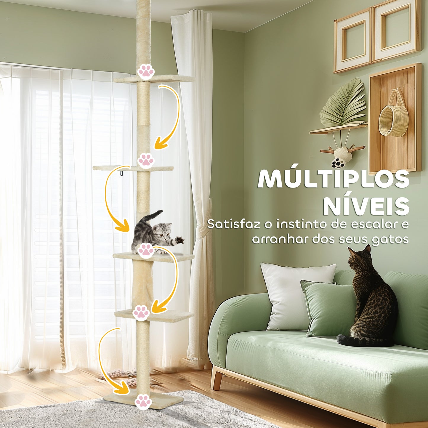 PawHut Arranhador para Gatos do Chão ao Teto 225-275 cm Arranhador para Gatos Torre para Gatos com Múltiplas Plataformas Sistema Anti-Tombo Creme